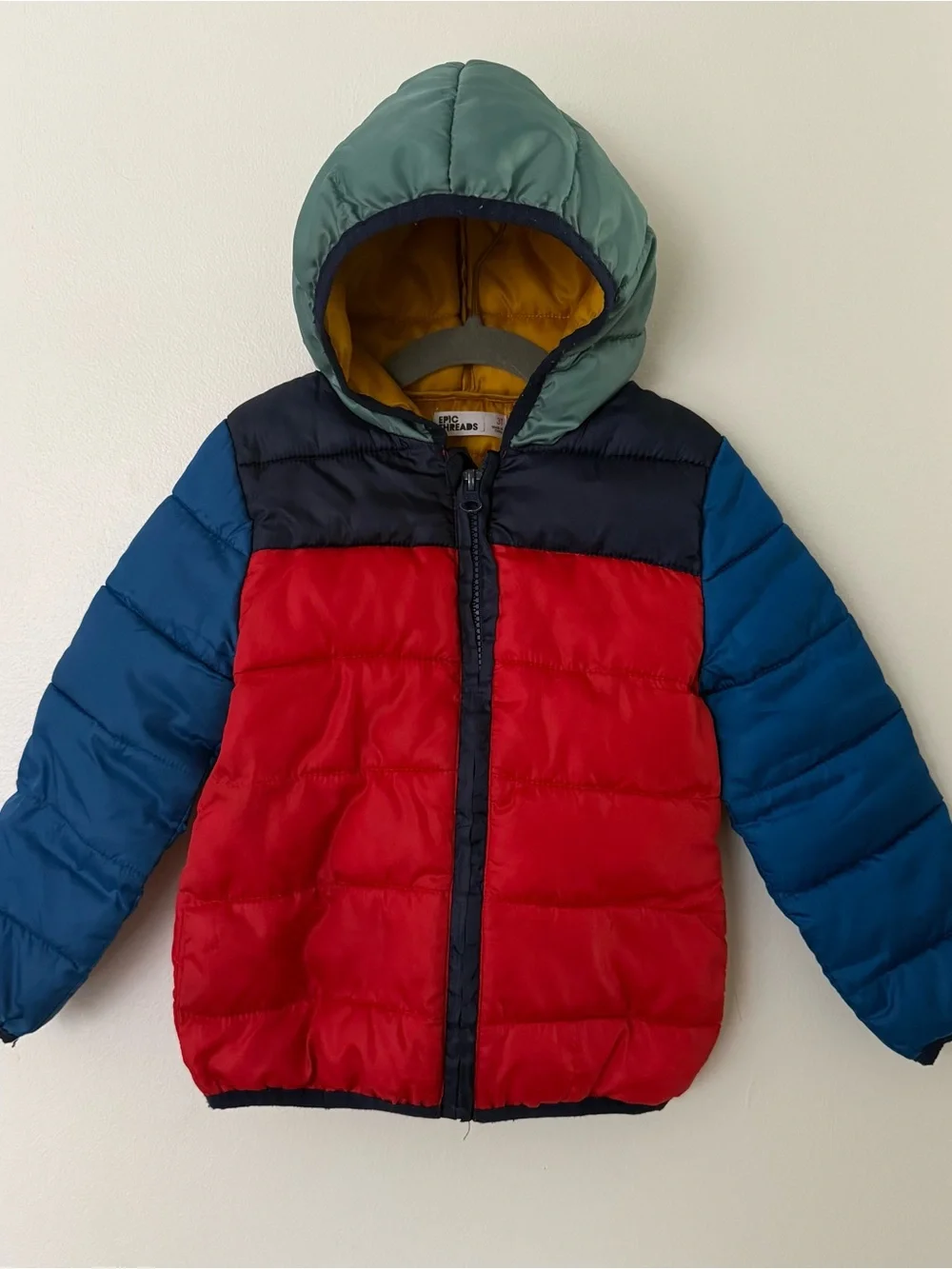 Kids Hooded Puffer Jacket - Red/Blue/Green